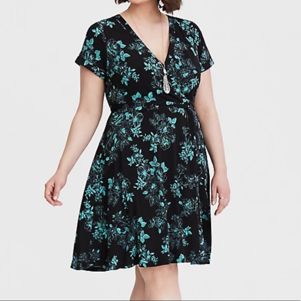 torrid Black Floral Wrap Dress with Teal Flowers
